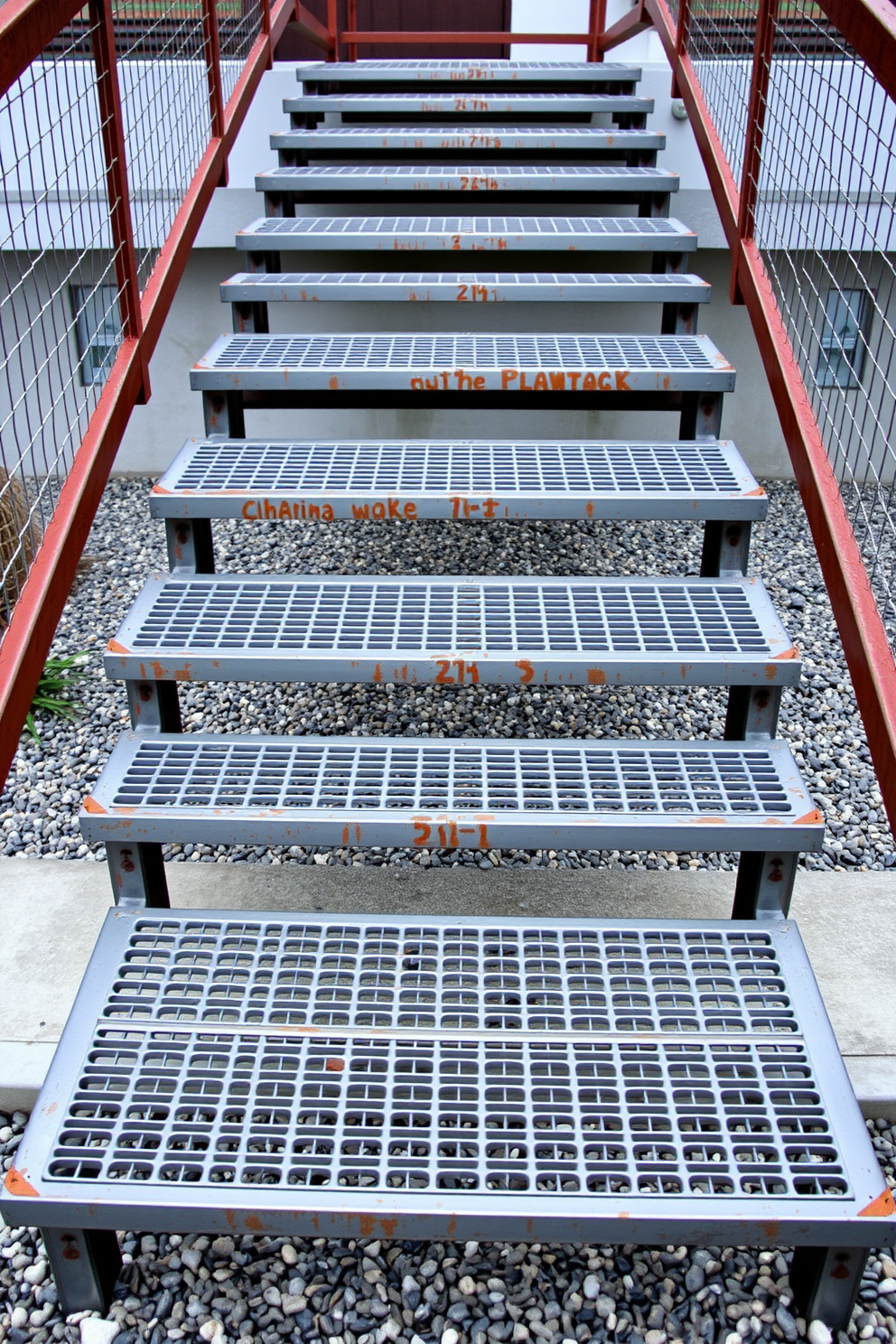 A striking outdoor staircase features metal grating stairs that embody an industrial style. The staircase is framed by raw steel railings and surrounded by a minimalist landscape of concrete and gravel.