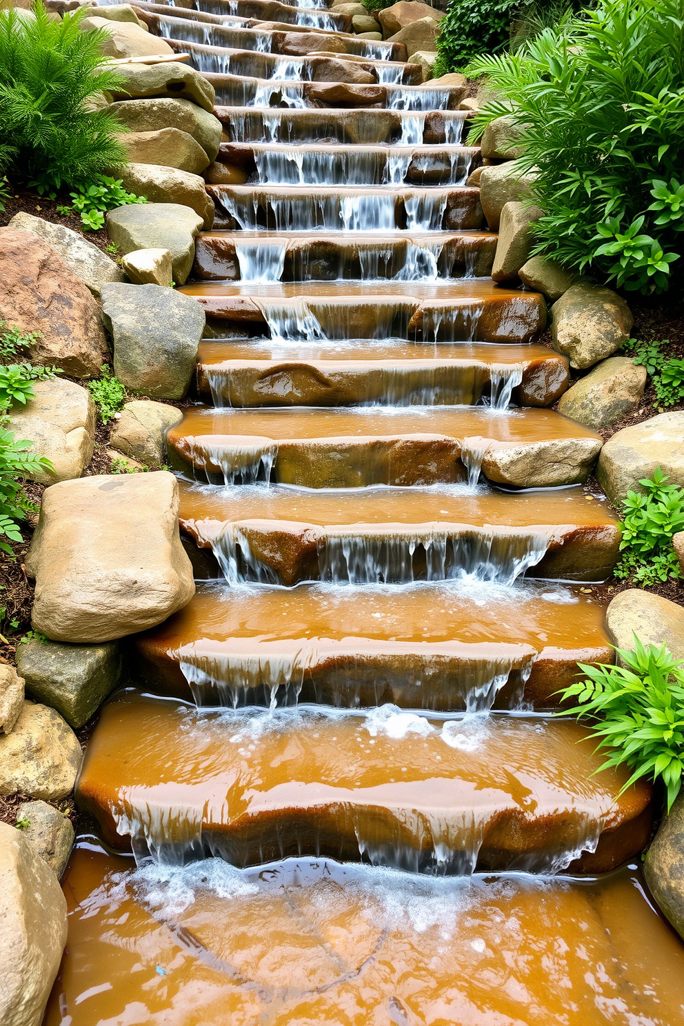 Cascading waterfall steps create a serene outdoor environment with smooth stones and lush greenery surrounding the staircase. Each step features a gentle flow of water, enhancing the calming atmosphere and inviting relaxation in nature.