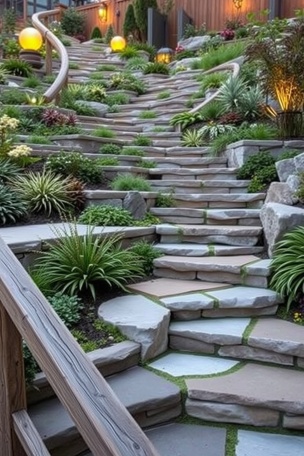 Terraced steps with varying heights create a visually dynamic outdoor space that invites exploration. Each level features a mix of natural stone and lush greenery, enhancing the overall aesthetic and providing a seamless transition between different areas of the garden. The staircase is framed by ornamental plants and ambient lighting, which highlight the textures of the materials used. A sturdy handrail made of weathered wood complements the natural elements, ensuring safety while maintaining a rustic charm.