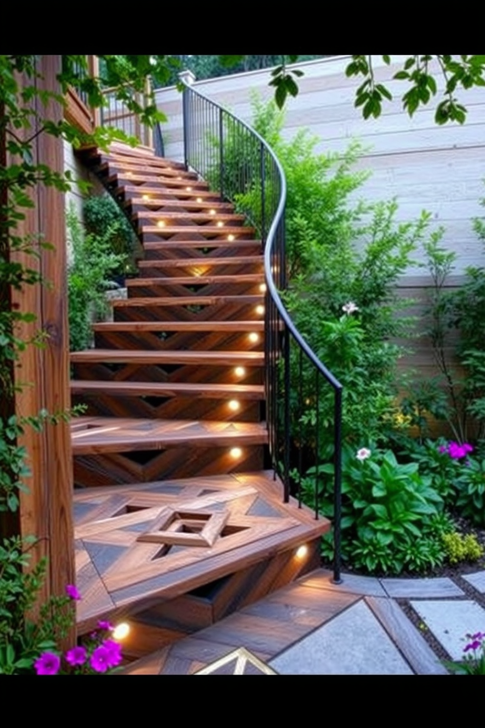 A stunning outdoor staircase crafted from recycled wood and metal, seamlessly blending with the surrounding landscape. Lush greenery and vibrant flowers frame the staircase, creating a harmonious connection between nature and design. The stairs feature a unique geometric pattern that adds visual interest while maintaining functionality. Soft, ambient lighting along the steps enhances safety and creates an inviting atmosphere during the evening.