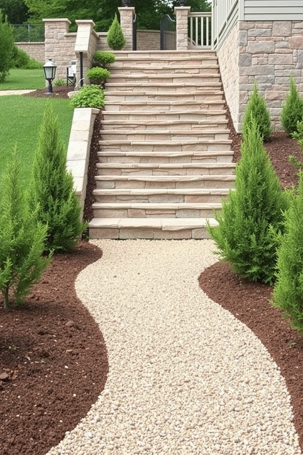 A simple gravel path winds through a lush garden, bordered by rustic wooden edging that enhances the natural aesthetic. The path leads to a charming outdoor seating area surrounded by vibrant flowers and greenery. The outdoor staircase features wide wooden steps, seamlessly blending with the surrounding landscape. Soft lighting illuminates the staircase, creating a warm and inviting atmosphere during the evening hours.