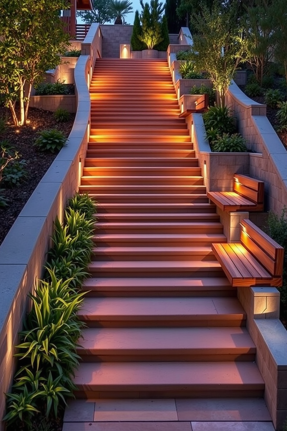 A stunning outdoor staircase design featuring steps that seamlessly integrate seating areas. The staircase is made of natural stone with sleek wooden benches on either side, surrounded by lush greenery and ambient lighting.