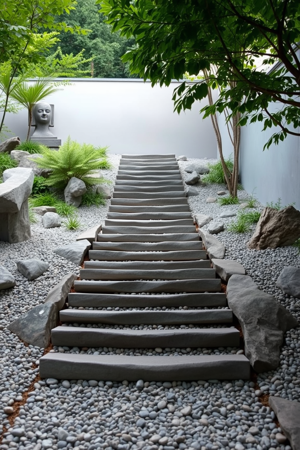 A serene outdoor staircase leads through a beautifully designed zen garden. The steps are lined with smooth pebbles, creating a calming pathway surrounded by lush greenery and minimalist stone sculptures.