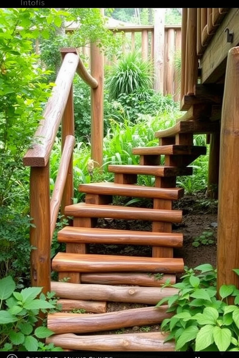 A rustic outdoor staircase made of natural log steps leads gracefully through a lush garden. The surrounding greenery enhances the organic feel, inviting a sense of tranquility and connection with nature.