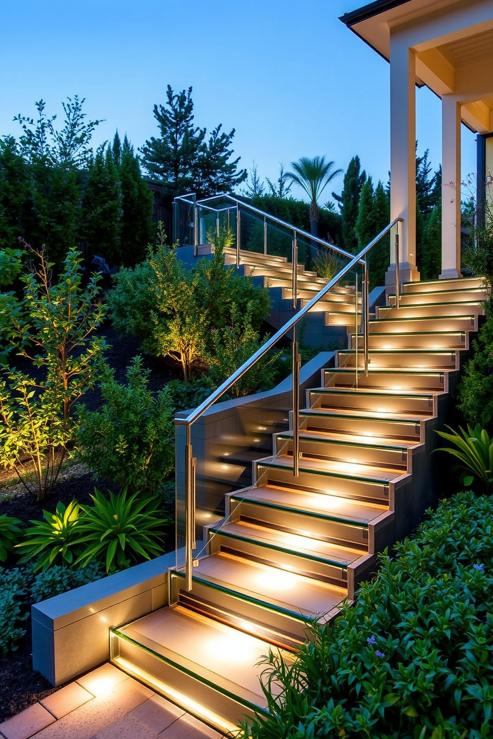 A stunning outdoor staircase featuring modern cantilevered steps that create a dramatic visual impact. The steps are made of sleek concrete and seamlessly extend from the ground to a beautifully landscaped garden above.