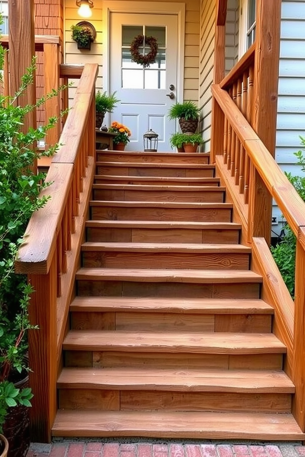 Wooden plank stairs with a weathered finish lead up to a cozy porch adorned with potted plants. The staircase is framed by rustic wooden railings, creating an inviting entrance to the home. The steps are slightly uneven, showcasing the natural beauty of the wood grain. Soft outdoor lighting casts a warm glow, enhancing the charm of the rustic staircase design.