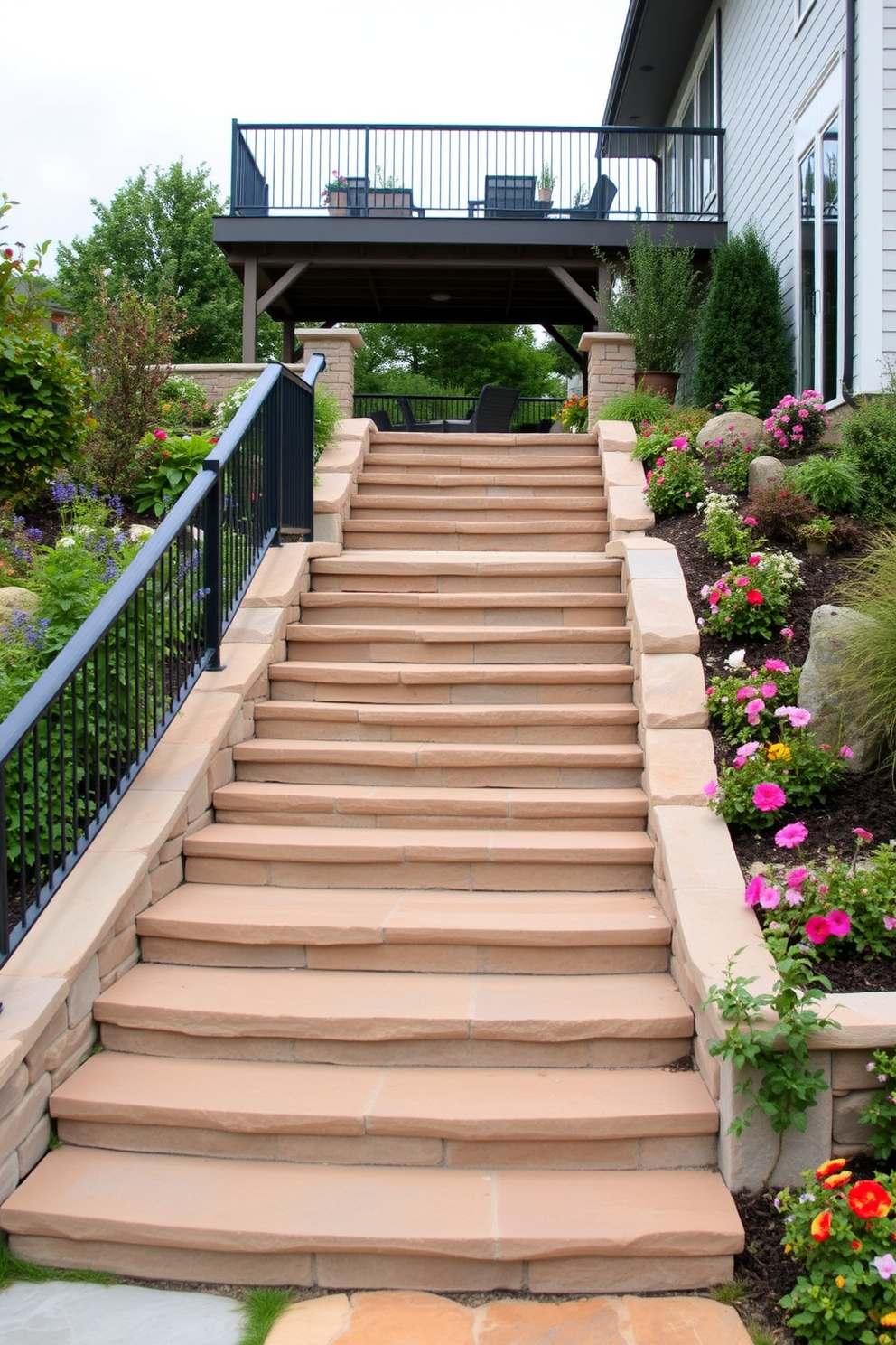 A stunning outdoor staircase leads gracefully to a raised patio. The steps are made of natural stone, surrounded by lush greenery and vibrant flowers, creating an inviting atmosphere.