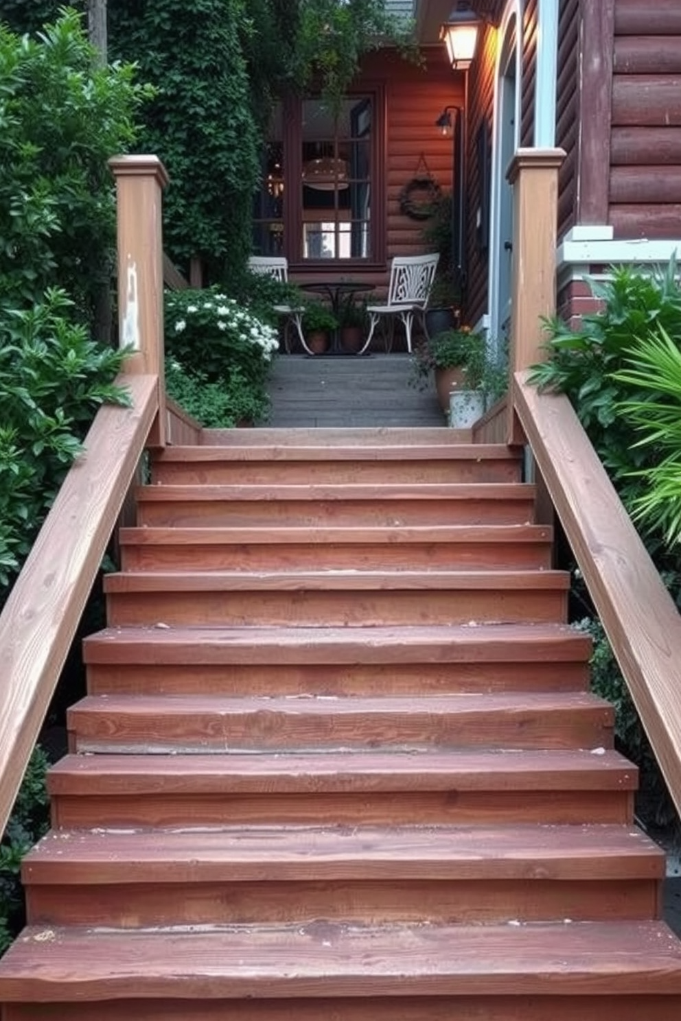 A beautiful outdoor staircase featuring traditional stone steps complemented by elegant iron railings. The steps are surrounded by lush greenery, creating a harmonious blend of nature and architecture.