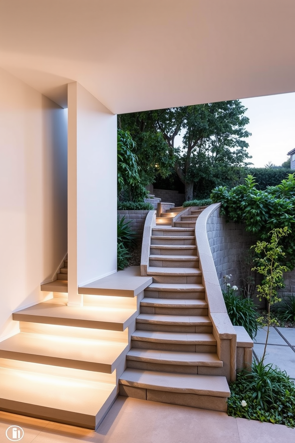 A sleek minimalist staircase features clean lines and a floating design that emphasizes open space. Hidden LED lighting illuminates the steps from underneath, creating a warm and inviting glow. The outdoor staircase is crafted from natural stone, seamlessly blending with the surrounding landscape. Lush greenery frames the staircase, while subtle lighting highlights its elegant curves during the evening.