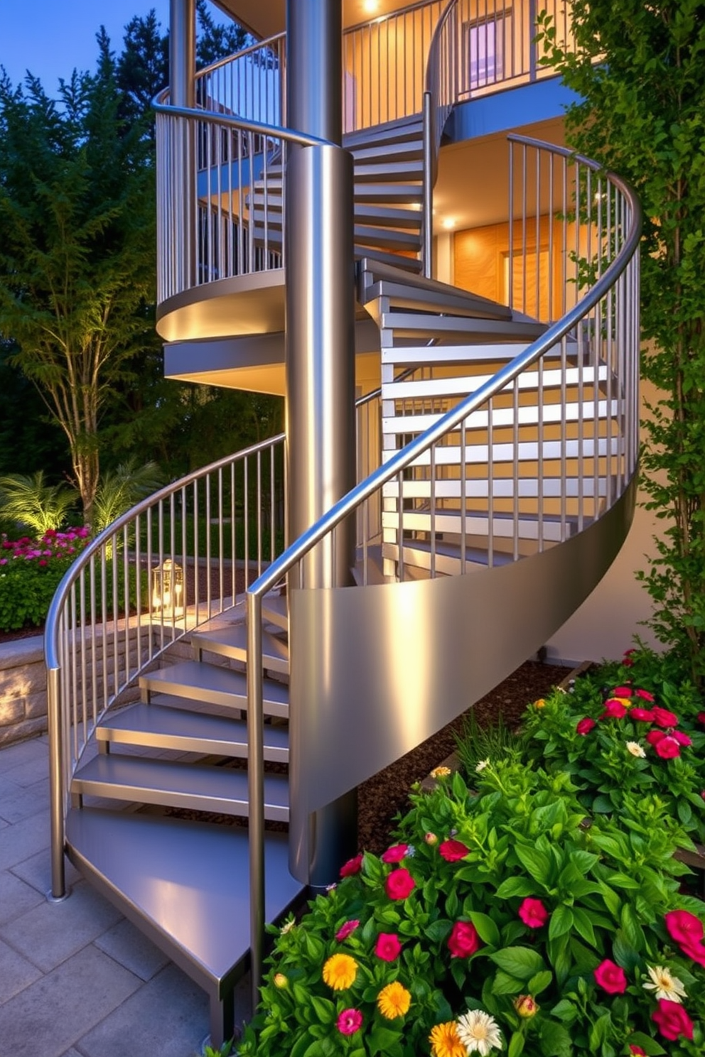 A stunning outdoor spiral staircase winds gracefully up to a second level, crafted from sleek metal with a modern finish. Surrounding the staircase, lush greenery and vibrant flowers create a serene atmosphere, enhancing the beauty of the design. The staircase features wide treads for comfort and safety, seamlessly blending functionality with elegance. Soft ambient lighting illuminates the path, making it a captivating focal point during evening gatherings.