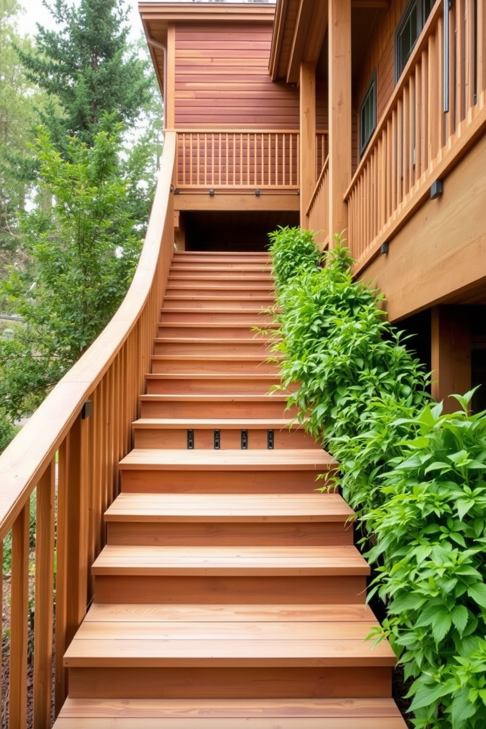 Natural wood steps seamlessly integrate with the surrounding landscape, creating a harmonious transition between the home and nature. The staircase features wide, sturdy treads and is lined with lush greenery, enhancing the outdoor aesthetic.