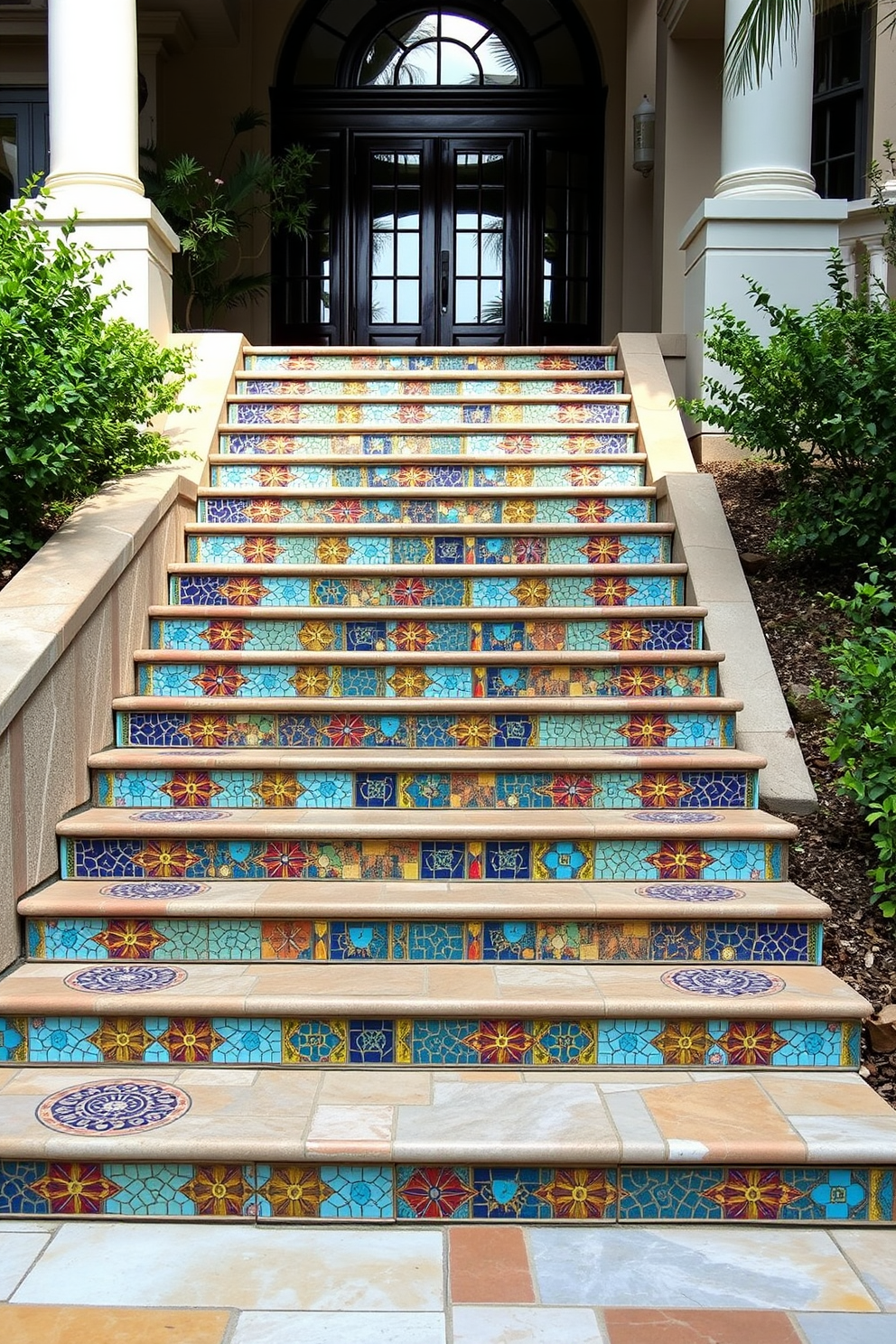 A stunning outdoor staircase features steps adorned with intricate artistic mosaic designs that reflect vibrant colors and patterns. The surrounding landscape is lush with greenery, enhancing the visual appeal of the staircase as it gracefully ascends to the entrance of a beautifully designed home.