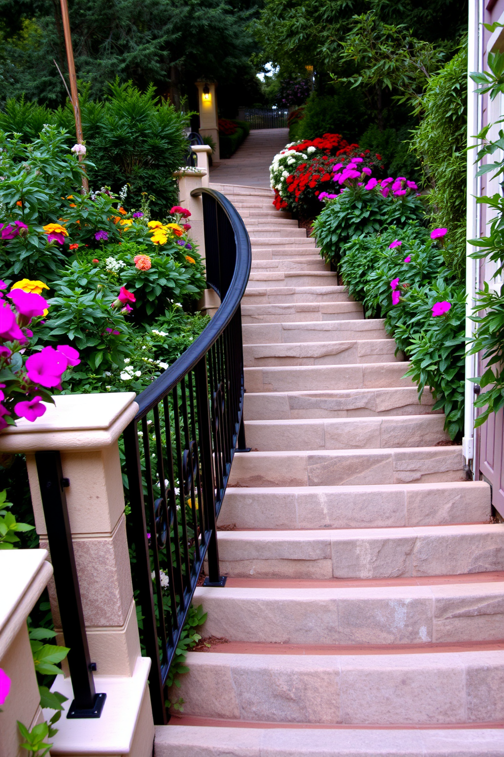 Cascading steps with multiple landings create a stunning visual appeal in outdoor spaces. The design features a combination of natural stone and lush greenery, enhancing the overall aesthetic of the staircase. Each landing is adorned with decorative planters and ambient lighting, providing a welcoming atmosphere. The steps are wide and gently sloping, ensuring both functionality and elegance in the outdoor environment.