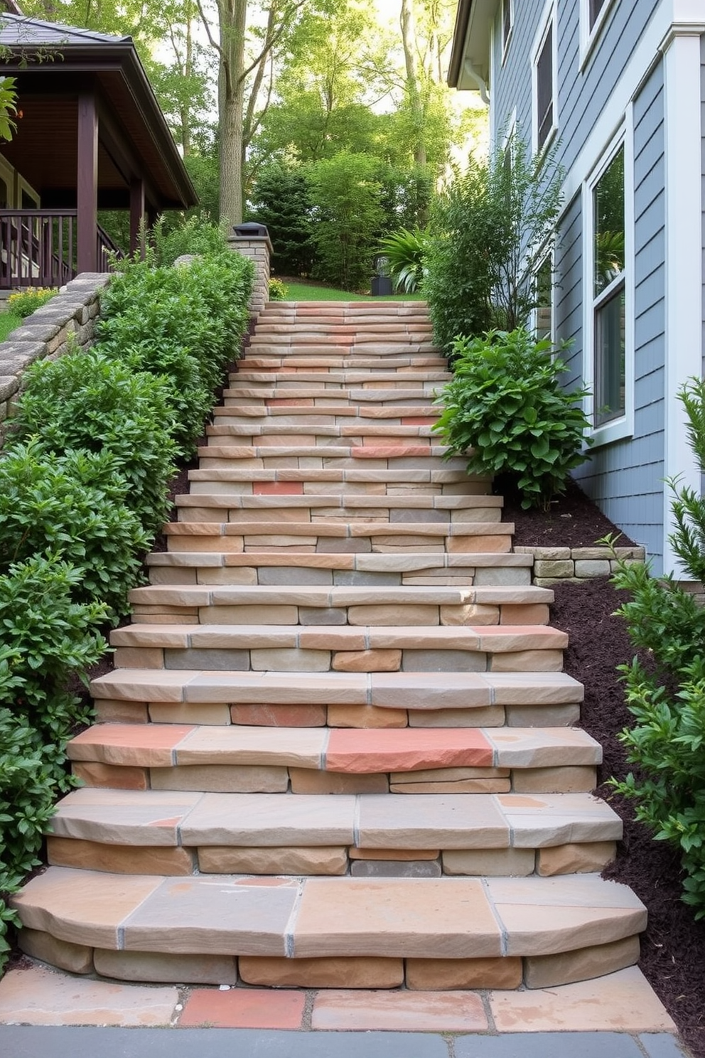 A beautiful garden staircase that features integrated seating along the sides. The steps are made of natural stone, surrounded by lush greenery and colorful flowers, creating a serene outdoor atmosphere.