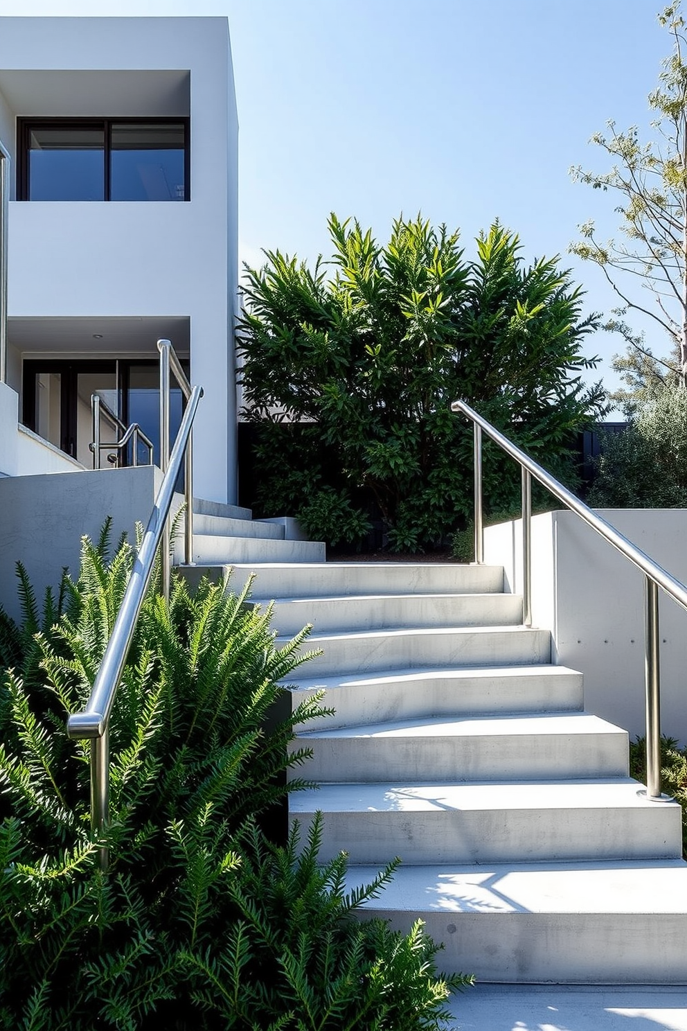 Modern concrete stairs with clean lines create a striking focal point in any outdoor space. The steps are flanked by sleek metal railings, and lush greenery surrounds the area, enhancing the contemporary aesthetic.