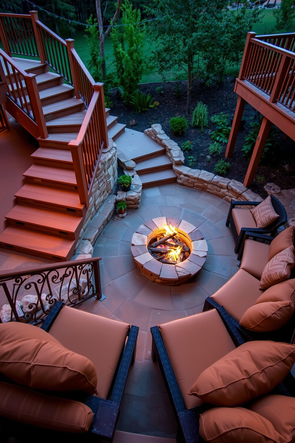 An elegant outdoor staircase leads down to a cozy fire pit area surrounded by comfortable seating. The staircase is crafted from natural stone with wooden railings, blending seamlessly into the lush landscape. The fire pit is circular and made of rustic stone, with flickering flames creating a warm ambiance. Surrounding the fire pit are plush outdoor cushions in earthy tones, inviting relaxation under the stars.