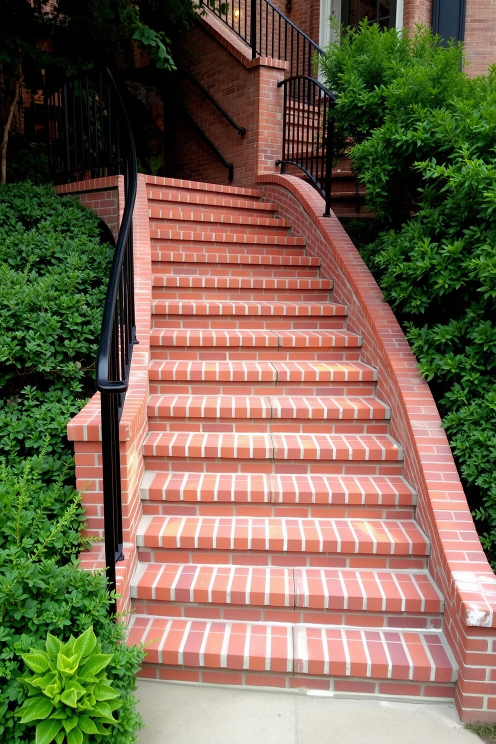 Rustic timber steps lead down a gently sloping garden, surrounded by lush greenery and wildflowers. The sturdy handrail, crafted from weathered wood, complements the natural aesthetic of the outdoor staircase.