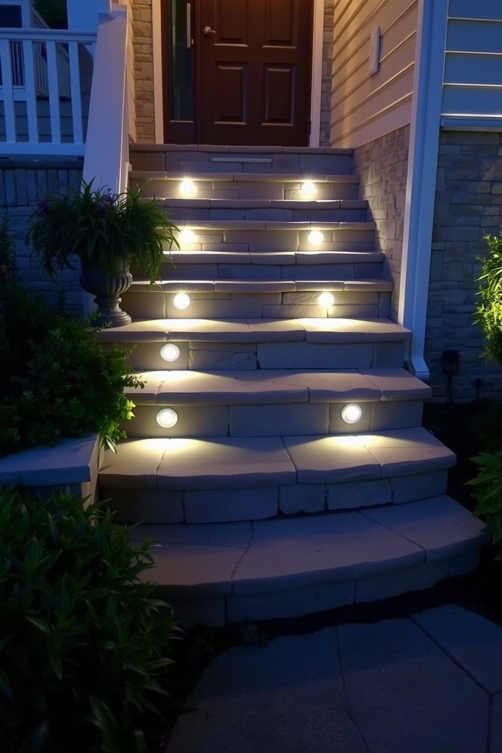 Illuminated outdoor steps create a welcoming and safe entrance to your home. Soft lighting integrated into the risers highlights each step, enhancing both safety and aesthetics. The staircase features natural stone materials, blending seamlessly with the surrounding landscape. Lush greenery and decorative planters flank the sides, providing a vibrant contrast to the illuminated steps.