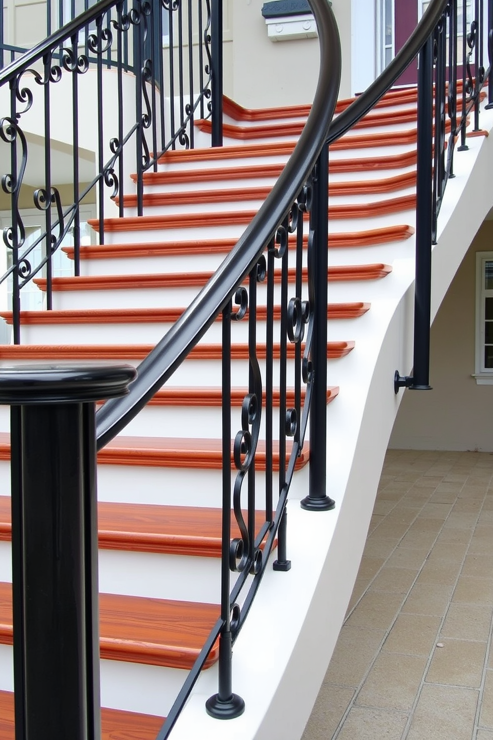 A stunning outdoor staircase featuring a wrought iron railing that elegantly curves along the sides. The wooden steps are crafted from rich mahogany, providing a warm contrast to the sleek black ironwork.