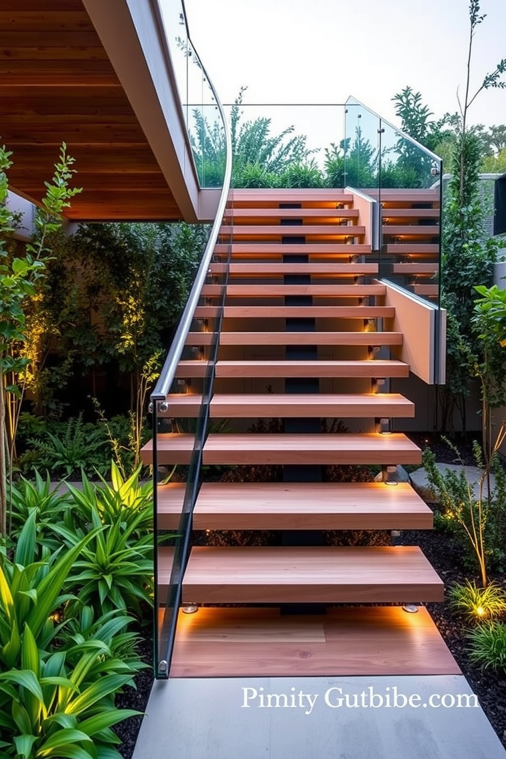 A charming brick staircase winds gracefully through a lush garden filled with vibrant flowers in various hues. The steps are framed by blooming plants, adding a touch of natural beauty and inviting warmth to the outdoor space. The design features a mix of perennial and seasonal blooms that create a colorful and dynamic display throughout the year. Soft lighting illuminates the staircase at night, enhancing the enchanting atmosphere of this outdoor retreat.