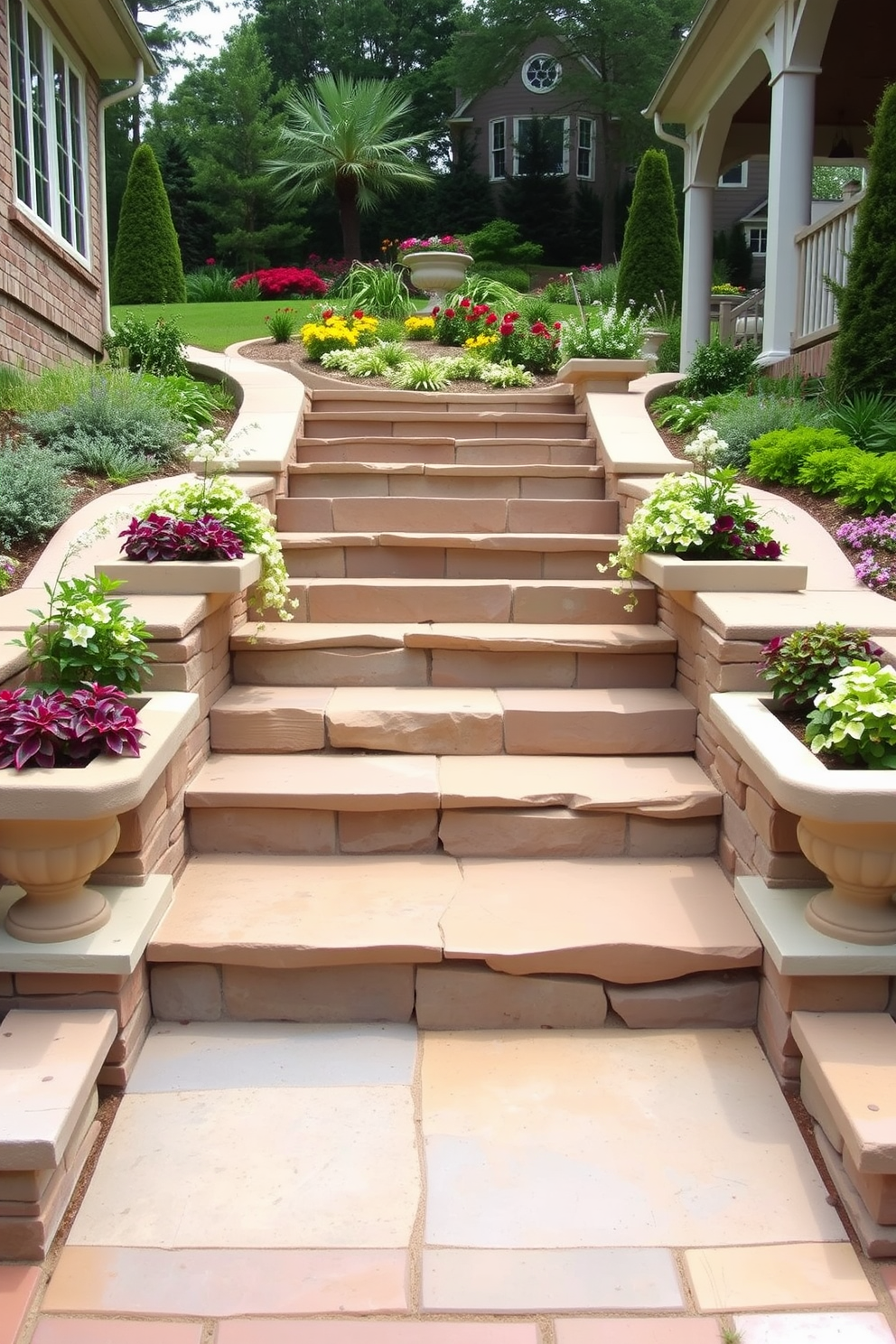 A stunning outdoor staircase featuring built-in planter boxes on each side. The steps are made of natural stone, leading up to a beautifully landscaped garden with vibrant flowers and greenery.