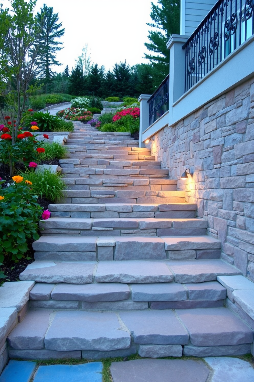 Textured stone steps lead up to a beautifully landscaped garden, surrounded by lush greenery and vibrant flowers. The steps are crafted from varying shades of natural stone, creating a visually striking and inviting pathway. The outdoor staircase features elegant railings made of wrought iron, complementing the rustic charm of the stone. Soft ambient lighting is integrated along the steps, enhancing safety and adding a warm glow during the evening hours.