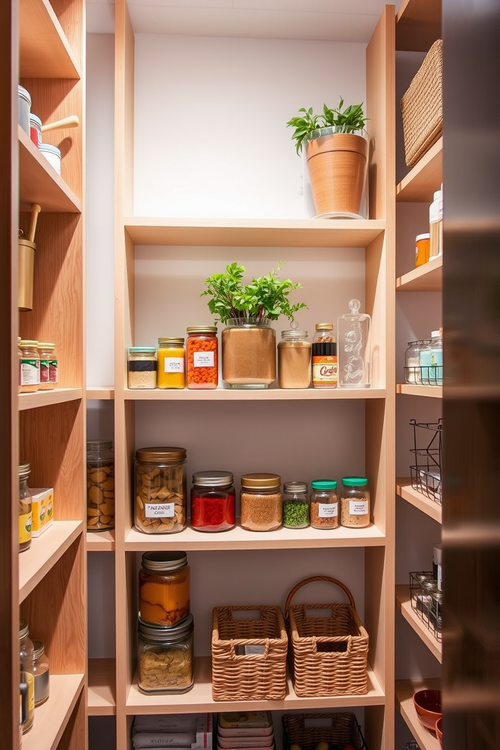 Open shelving creates a functional yet stylish pantry design. The shelves are lined with neatly organized jars and baskets, showcasing a variety of colorful ingredients and kitchen essentials. Natural wood finishes enhance the warmth of the space, while soft ambient lighting highlights the contents. A small herb garden sits on the top shelf, adding a touch of greenery and freshness to the design.