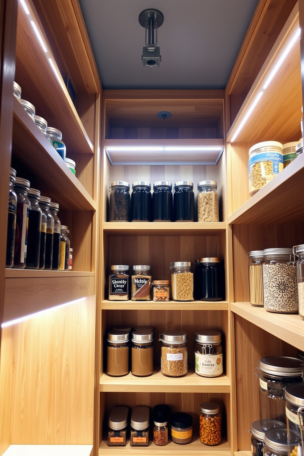 A spacious pantry with integrated lighting illuminating every corner. The shelves are filled with neatly organized jars and containers, showcasing a variety of grains, spices, and snacks. Soft LED lights are embedded in the ceiling, providing bright visibility while enhancing the modern aesthetic. A chic farmhouse-style table sits in the center, perfect for meal prep and additional storage.