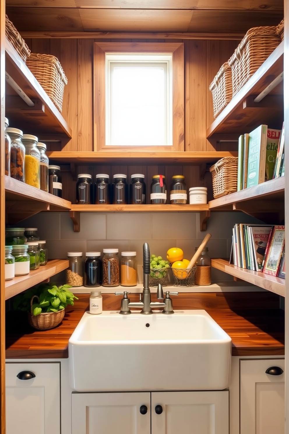 A charming farmhouse sink is the centerpiece of a well-organized pantry. The sink is complemented by rustic wooden shelves filled with neatly arranged jars and baskets, showcasing an inviting and functional design. Natural light floods the space through a small window above the sink, highlighting the warm tones of the wood and the clean lines of the cabinetry. Open shelving displays fresh produce and cookbooks, creating a welcoming atmosphere for culinary creativity.