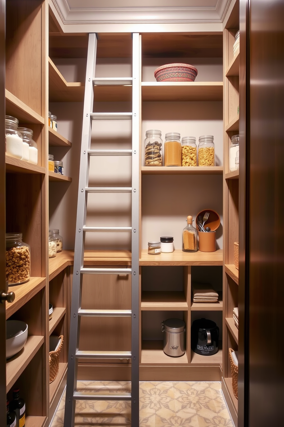 A functional pantry design featuring a stylish ladder for accessing high shelves. The space is organized with open shelving, glass jars for storage, and a warm color palette that creates an inviting atmosphere.