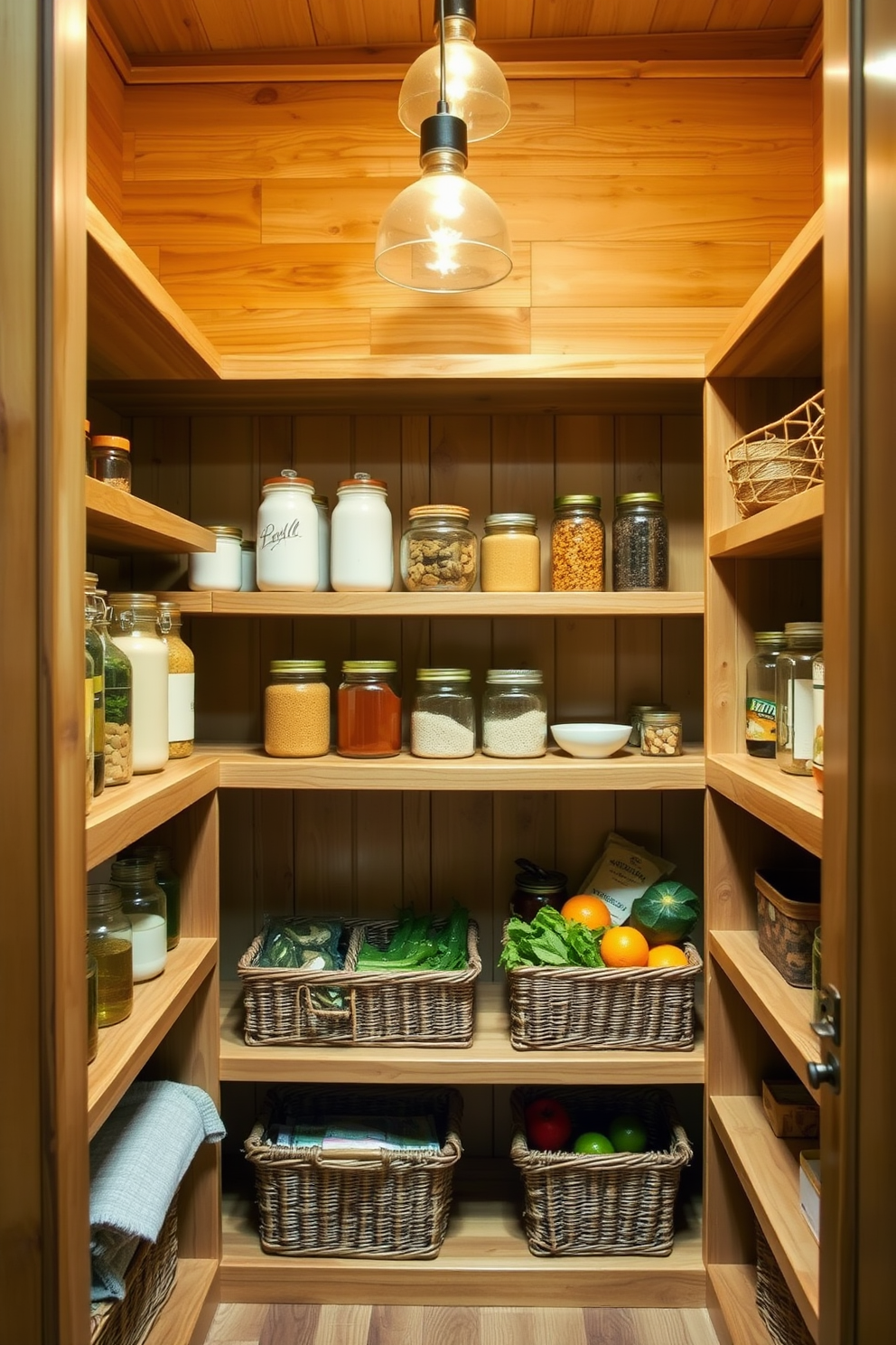 A cozy pantry featuring natural wood shelves that provide warmth and a rustic charm. The space is well-lit with pendant lights hanging above, illuminating neatly organized jars and baskets filled with fresh ingredients.