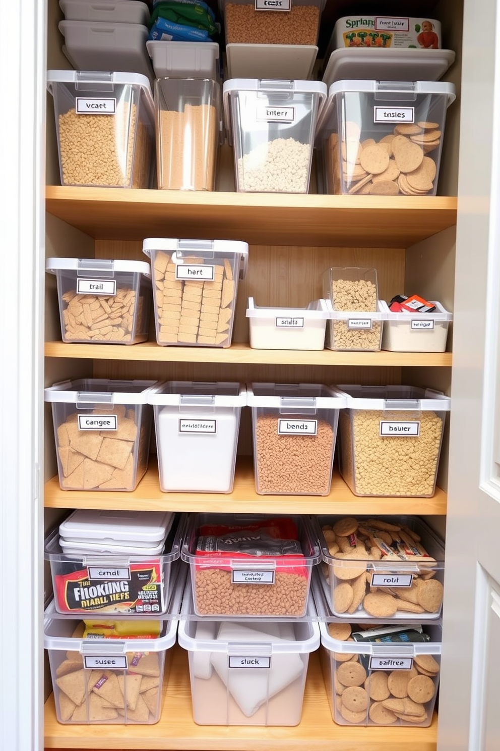 A well-organized pantry featuring clear bins for categorized storage. Each bin is labeled for easy identification and is neatly arranged on wooden shelves.