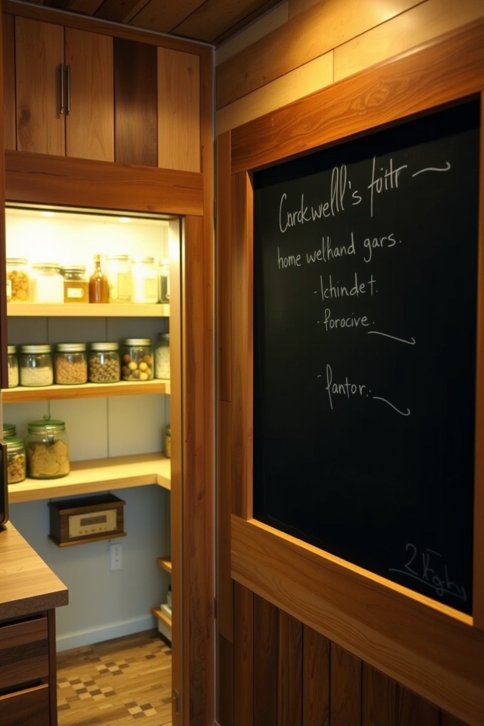 A chalkboard wall is installed in a cozy kitchen, providing a functional space for notes and lists. The wall is framed with rustic wood, complementing the warm tones of the cabinetry and countertops. The pantry features open shelving made of reclaimed wood, showcasing neatly organized jars and baskets. Soft, ambient lighting illuminates the space, creating an inviting atmosphere for meal prep and storage.