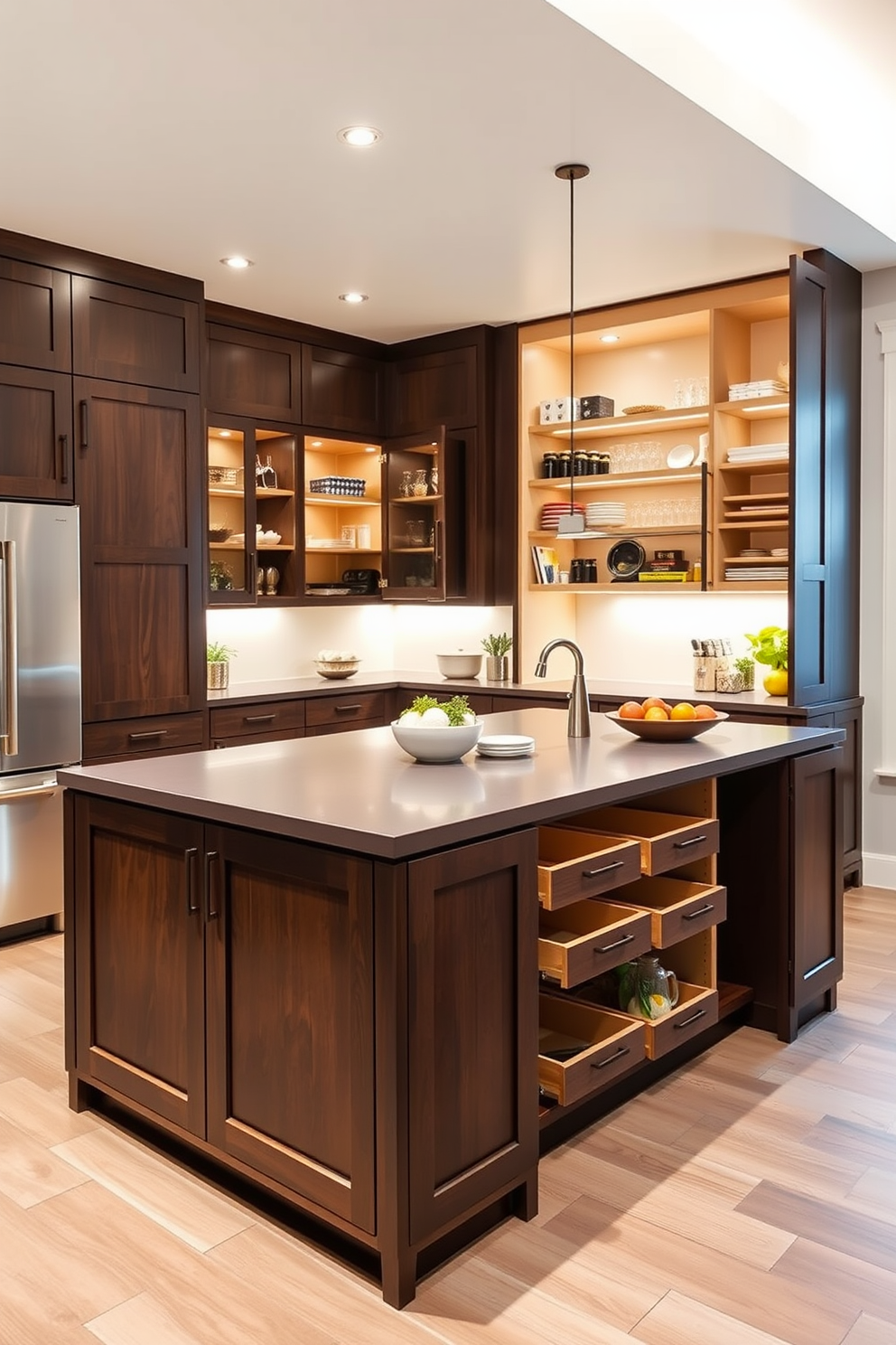 A multi-functional kitchen island with integrated pantry storage. The island features a sleek countertop with bar seating on one side and cabinets on the other, providing ample space for meal prep and entertaining. The pantry is designed with open shelving and pull-out drawers for easy access to ingredients. Soft lighting highlights the organized space, creating a warm and inviting atmosphere.