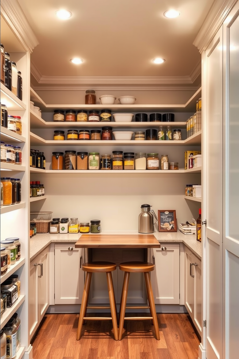 A cozy pantry design featuring recessed lighting that creates a warm and inviting atmosphere. The shelves are filled with neatly organized jars and containers, showcasing a variety of spices and dry goods. The walls are painted in a soft cream color, enhancing the brightness of the space. A small wooden table with a couple of stools is placed in the center, perfect for meal prep or enjoying a quick snack.