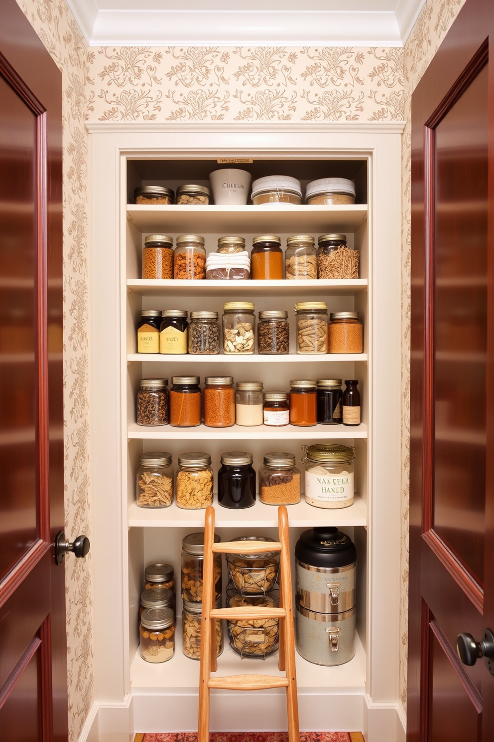 A cozy pantry adorned with decorative wallpaper featuring a subtle floral pattern. The shelves are neatly organized, showcasing a variety of jars and containers, complemented by a small wooden ladder for easy access to the top shelves.