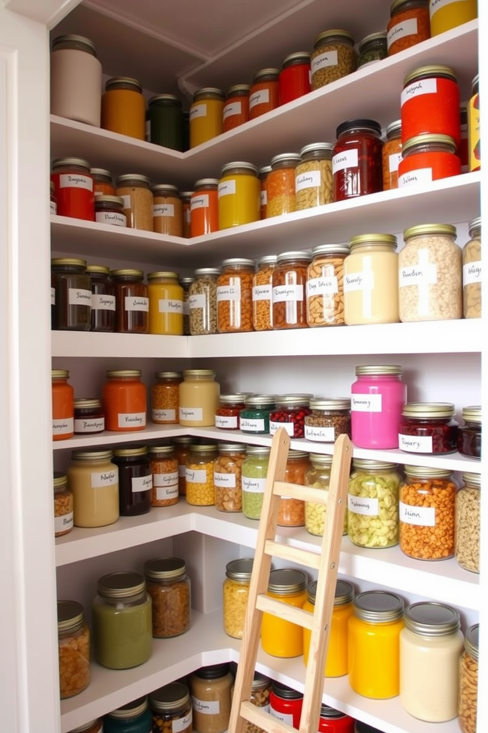 A bright and cheerful pantry filled with colorful jars in various shapes and sizes. Each jar is labeled with its contents, bringing a sense of order and vibrancy to the space. The shelves are painted in a soft white to enhance the colors of the jars, creating a fresh and inviting atmosphere. A small wooden ladder leans against the shelves, adding a rustic touch to this organized haven.