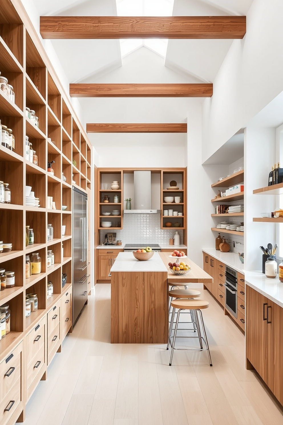 Open concept pantry with ample shelving and natural wood accents. The space features a large island with bar stools, allowing for easy access and interaction while cooking. Bright white walls enhance the airy atmosphere, complemented by a mix of open and closed storage solutions. A stylish backsplash adds a pop of color, and decorative jars line the shelves for a personalized touch.