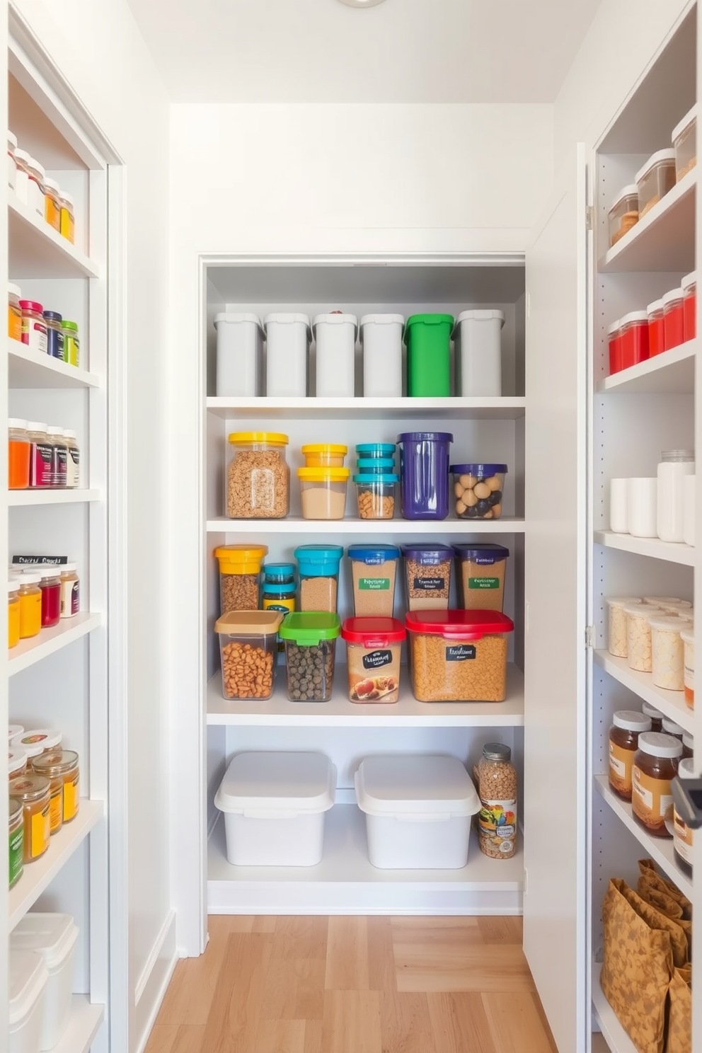 A modern pantry featuring color-coded containers neatly arranged on open shelves. The walls are painted in a soft white, and the floor is made of light hardwood, creating a bright and inviting space.