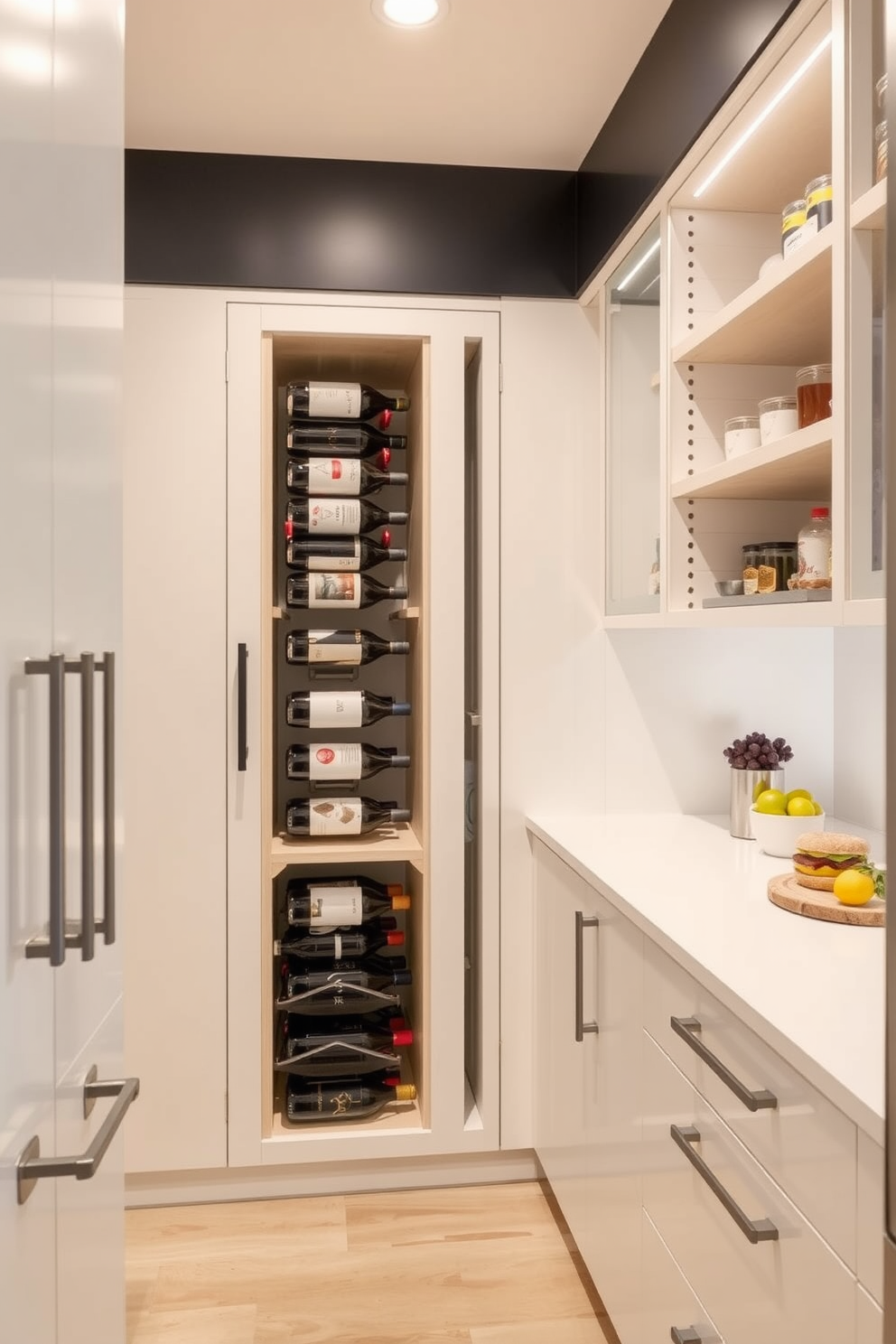 A modern pantry featuring an integrated wine rack seamlessly built into the cabinetry. The design includes open shelving for easy access to pantry items and a sleek countertop for meal prep.