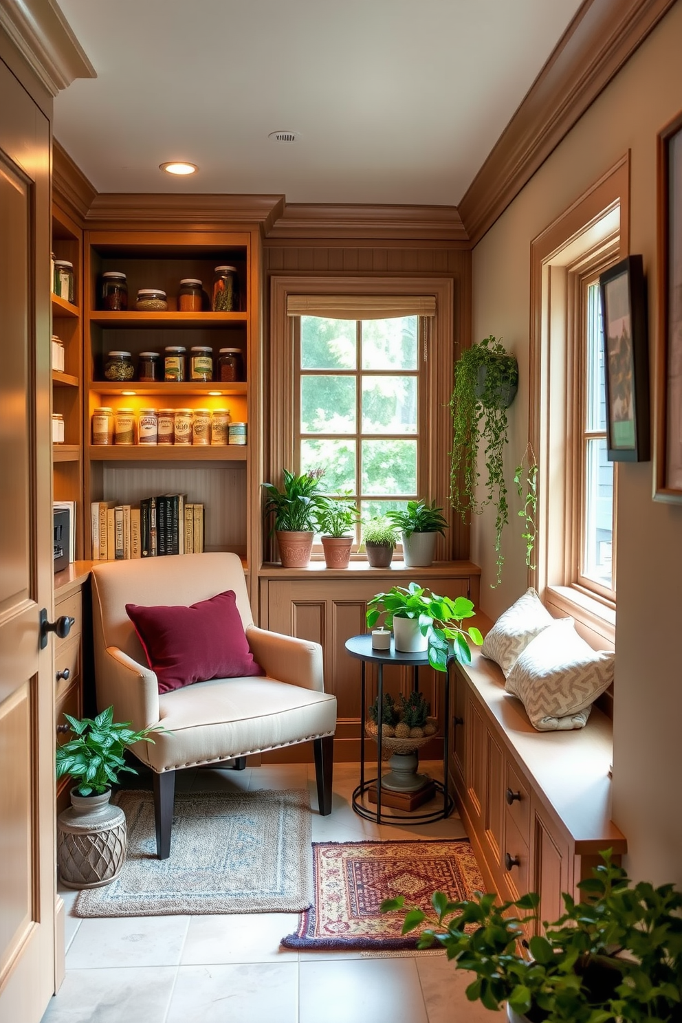 A charming pantry with a cozy reading nook. The space features built-in wooden shelves filled with jars and cookbooks, alongside a plush armchair and a small side table for enjoying tea. Soft, warm lighting illuminates the area, creating an inviting atmosphere. A window seat with cushions offers a perfect spot for relaxation, surrounded by potted herbs and decorative plants.