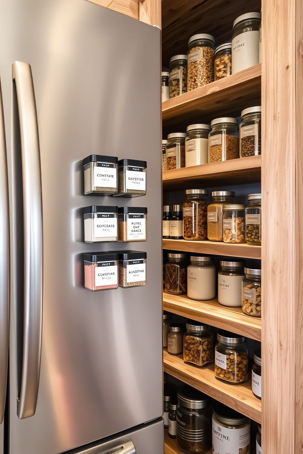 Magnetic spice containers are neatly arranged on the side of a stainless steel fridge. The containers are labeled with elegant typography and feature a modern design that complements the kitchen decor. The pantry is designed with open shelving made from reclaimed wood, showcasing neatly organized jars and containers. Soft lighting illuminates the space, highlighting the textures and colors of the ingredients stored within.