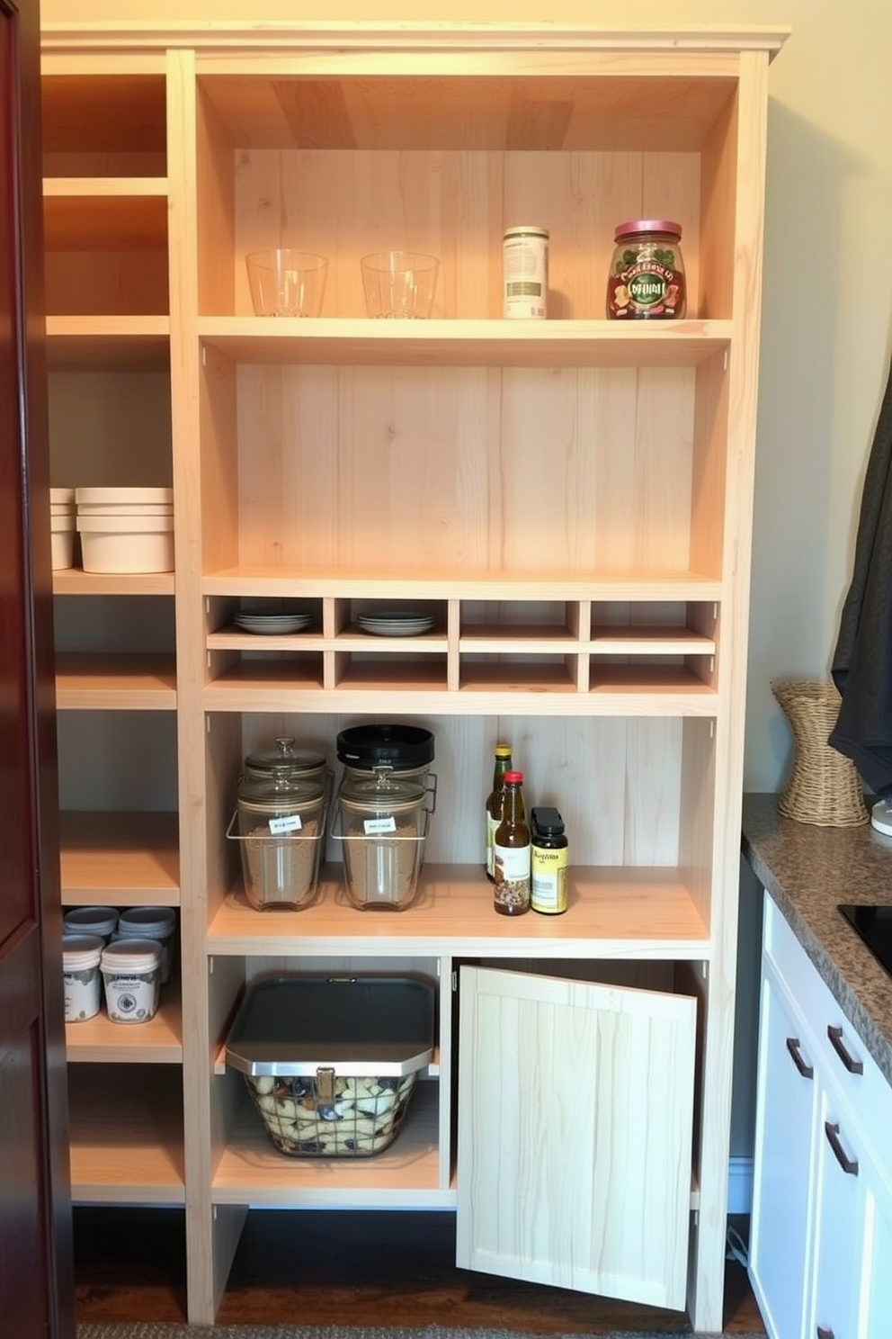 Create a tiered shelving unit designed for a pantry. The shelves are made of light wood and feature a combination of open and closed storage options to maximize efficiency.