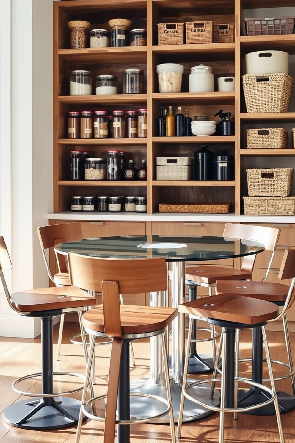 A modern pantry with integrated recycling bins designed for eco-friendliness. The cabinetry features a mix of natural wood finishes and sleek white surfaces, creating a harmonious balance. The recycling bins are seamlessly built into the cabinetry, easily accessible yet discreetly hidden from view. Shelves are organized with labeled containers for dry goods, and a small herb garden sits on the windowsill, adding a touch of greenery.