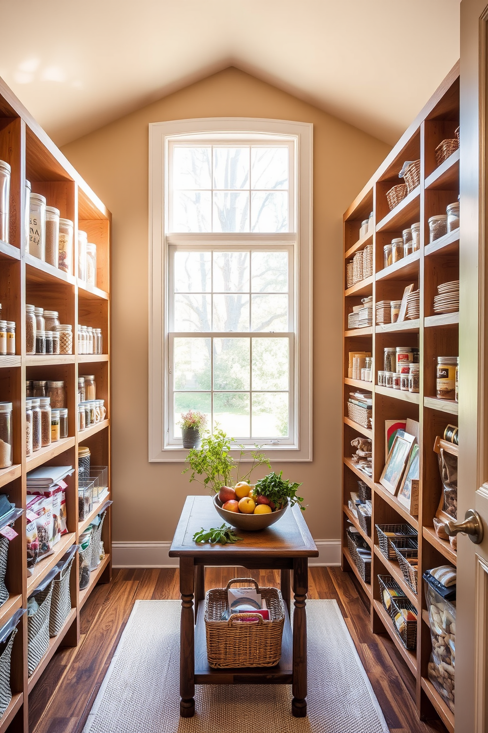 A modern pantry with chalkboard paint on one wall for writing grocery lists. The shelves are filled with clear containers organized by category, and a small wooden ladder leans against the shelves for easy access to the top items.