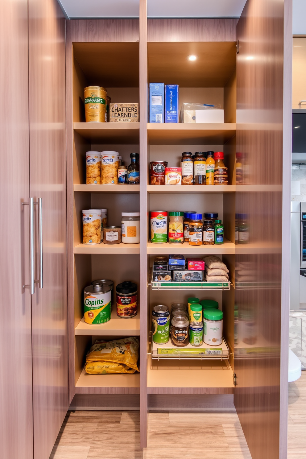 A cozy pantry with natural wood finishes creates a warm and inviting atmosphere. The shelves are crafted from rich oak, showcasing neatly organized jars and baskets filled with fresh ingredients. A large wooden island in the center provides ample workspace and additional storage. Soft lighting illuminates the space, enhancing the beauty of the wood grain and creating a welcoming environment for culinary creativity.