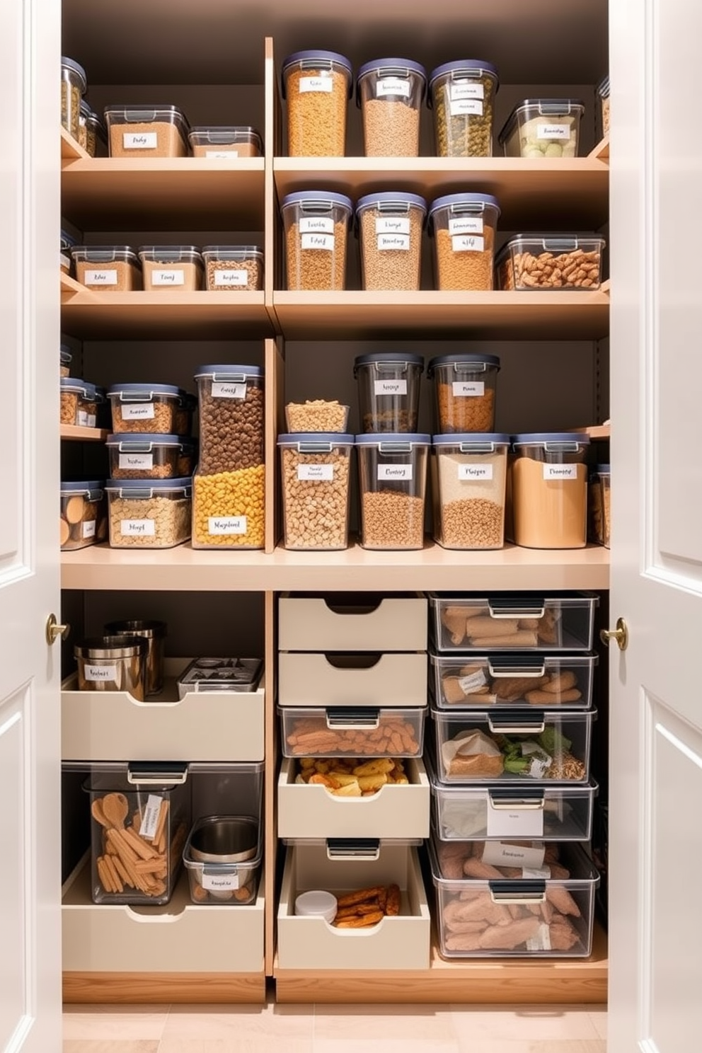 A modern pantry design featuring stackable storage solutions that maximize space efficiency. The shelves are filled with clear containers labeled for easy access, and there are pull-out drawers for smaller items, all in a bright and airy color palette.