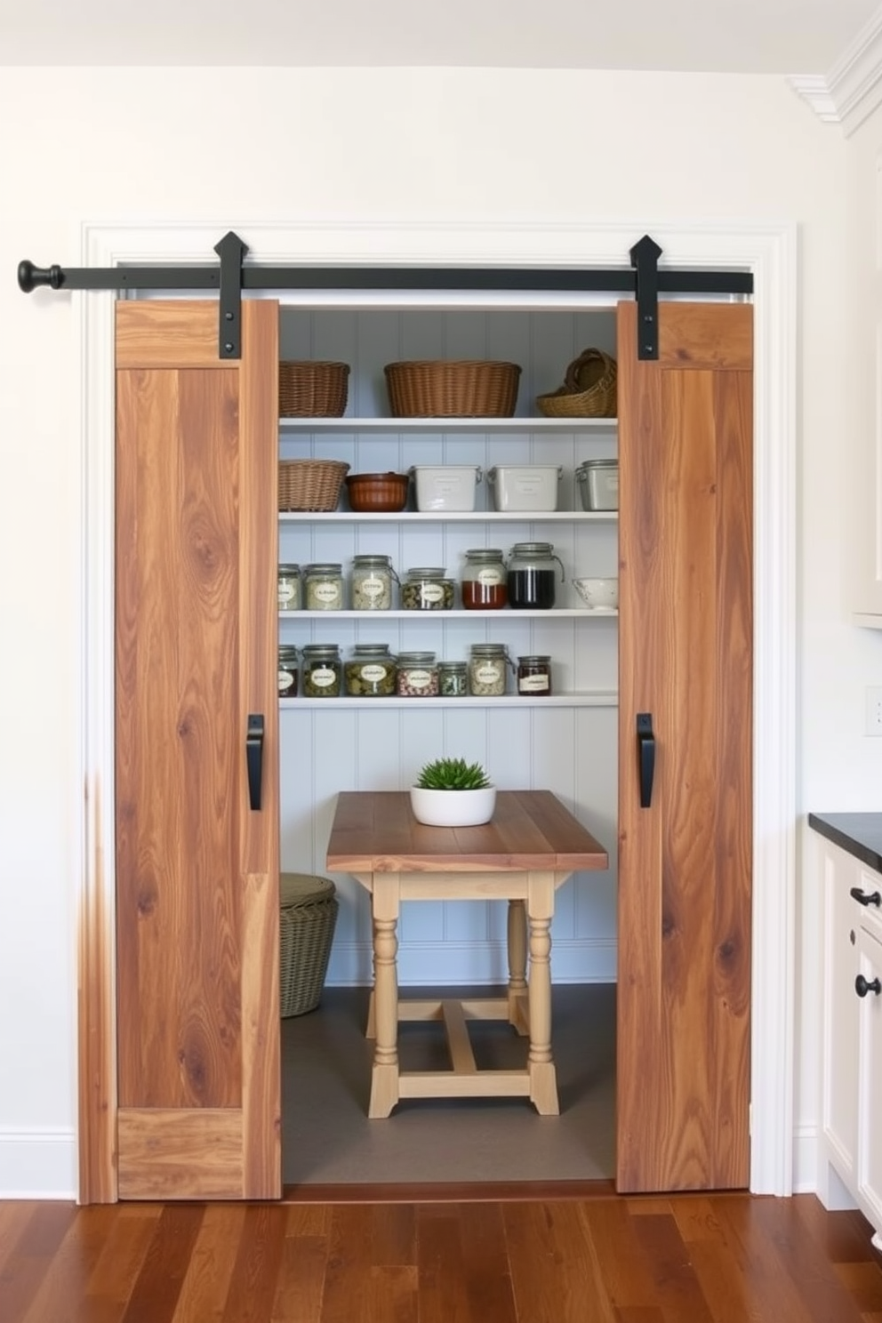 A cozy pantry featuring a sliding barn door made of reclaimed wood adds rustic charm to the space. Inside, open shelving displays neatly organized jars and baskets, while a small farmhouse table provides additional workspace.