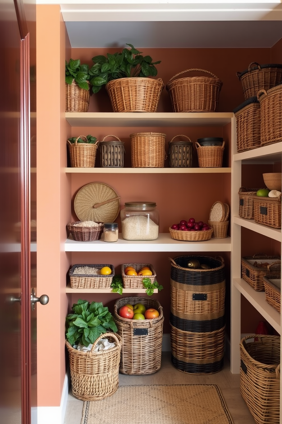 A modern pantry featuring adjustable shelving that allows for versatile storage options. The shelves are made of sleek wood and can be easily repositioned to accommodate various pantry items.