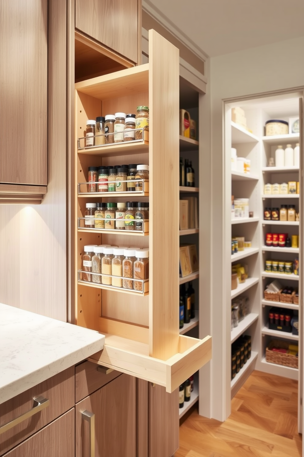 A built-in spice rack is seamlessly integrated into the kitchen cabinetry, providing easy access to a variety of spices and herbs. The rack features a combination of pull-out shelves and clear jars, allowing for organized storage and quick selection while cooking. The pantry design includes floor-to-ceiling shelving that maximizes storage space and keeps items neatly arranged. Soft, ambient lighting highlights the organized shelves, creating a functional yet inviting atmosphere for food storage.